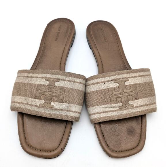 Tory Burch Double T Jacquard Slide Sandals Cammello/ash White Size US11M EU42 - Picture 8 of 12
